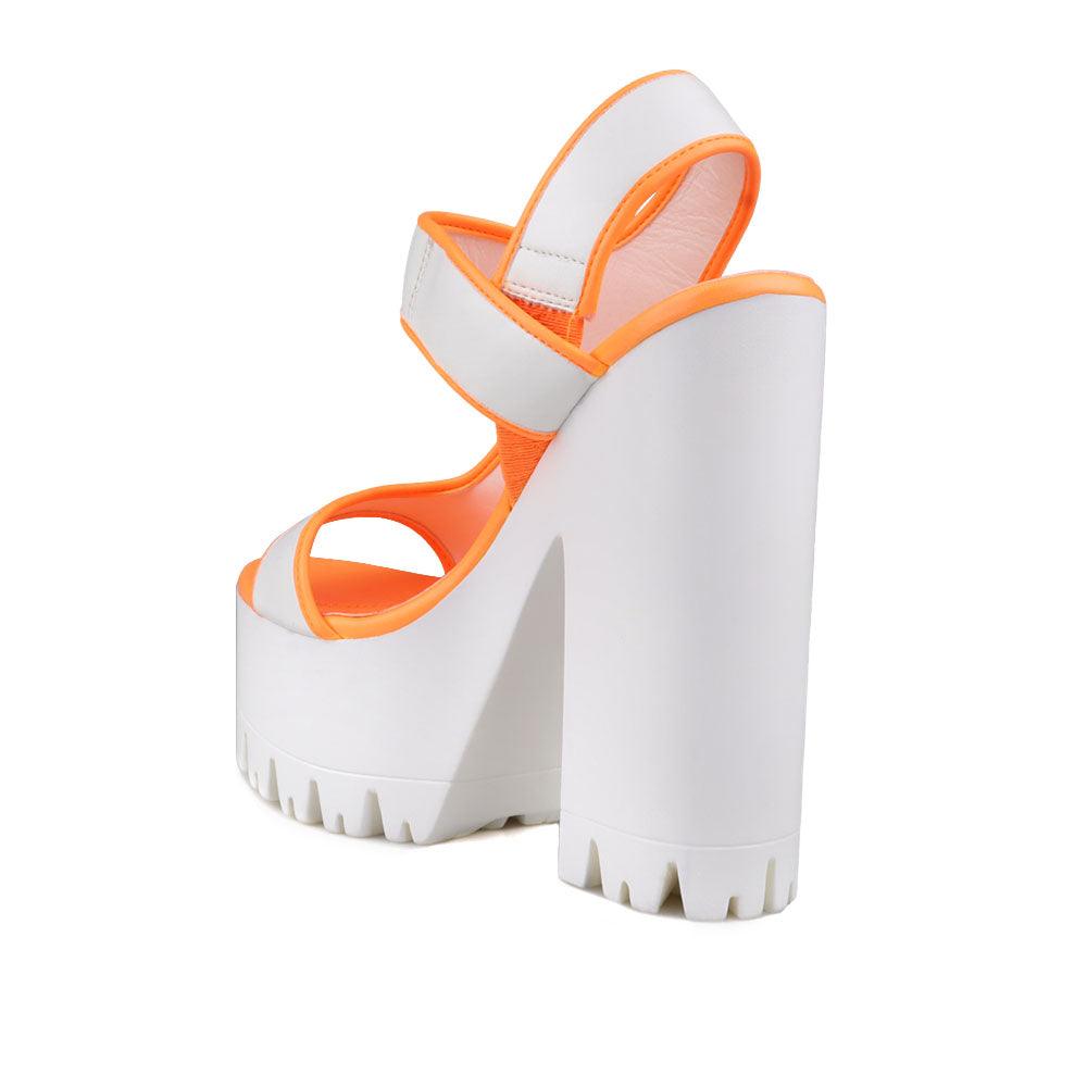 Orange and white women platform heels-posterior view