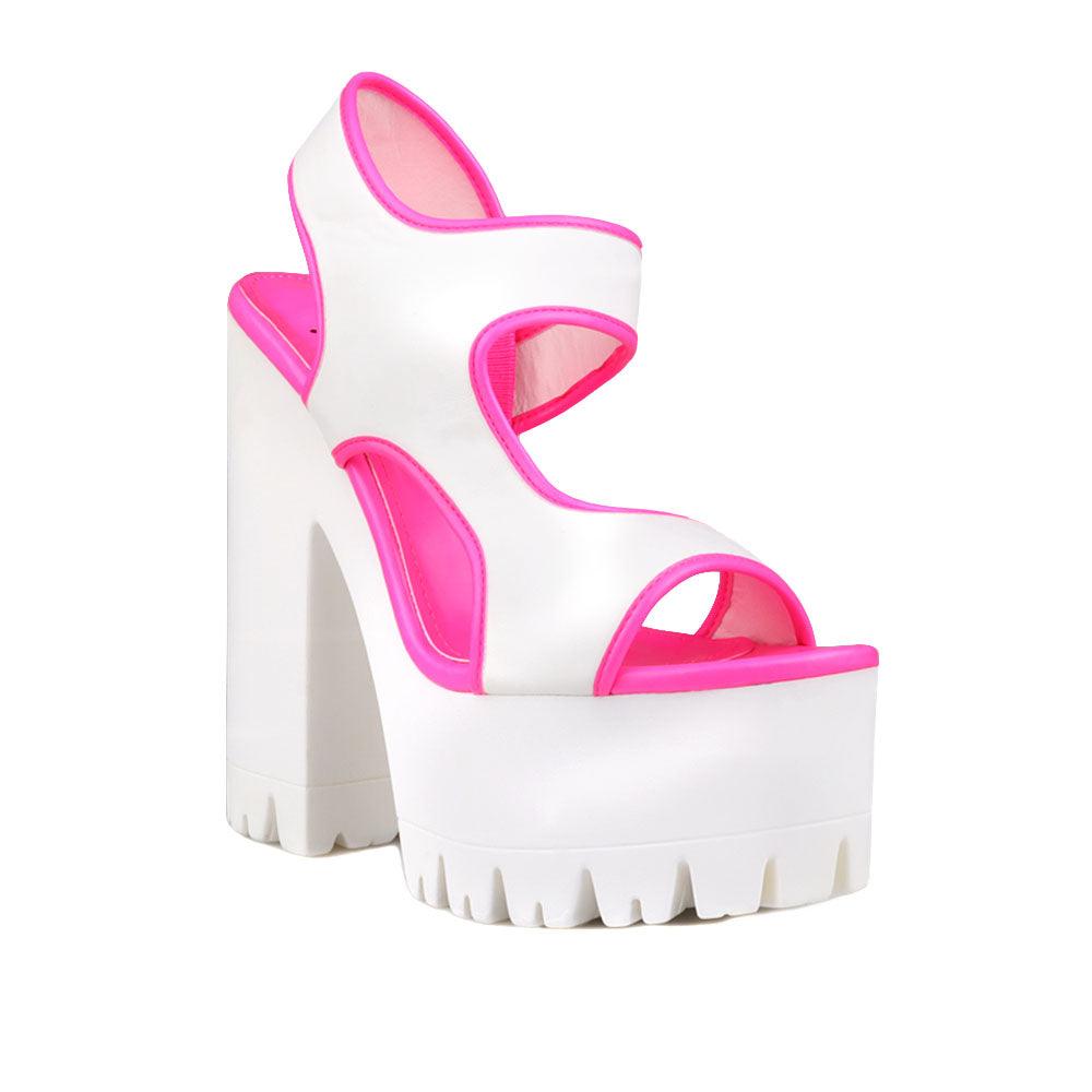 Pink and white women platform heels-side view-corner view