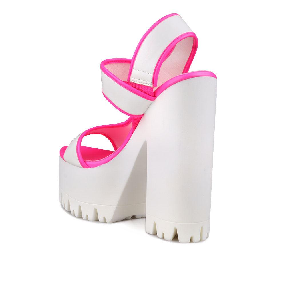 Pink and white women platform heels-side view-posterior view