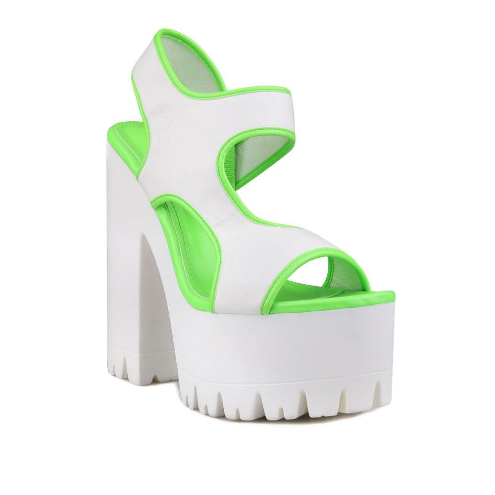 Green and white women platform heels-side way-corner view