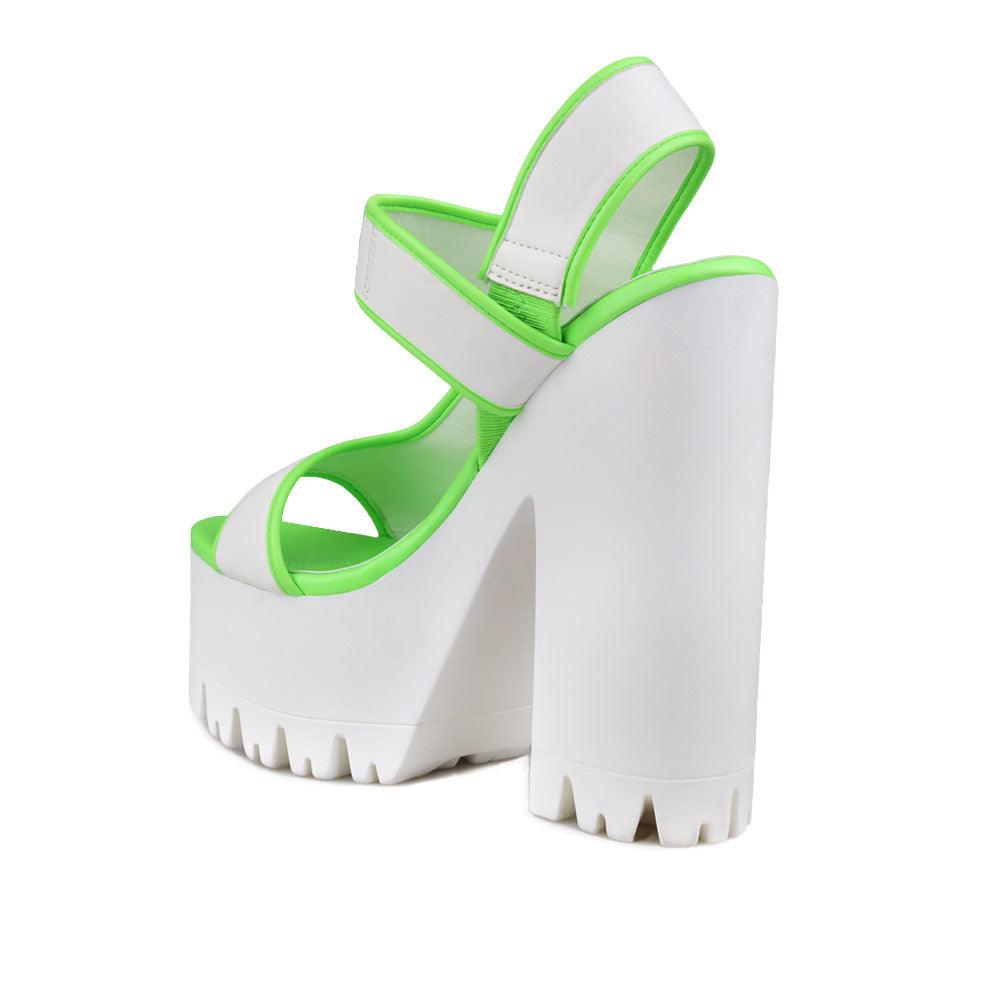 Green and white women platform heels-side way-posterior view