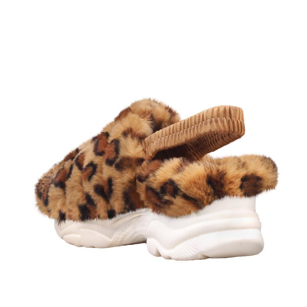 Women platforms with leopard fur upper and white bottom-posterior view