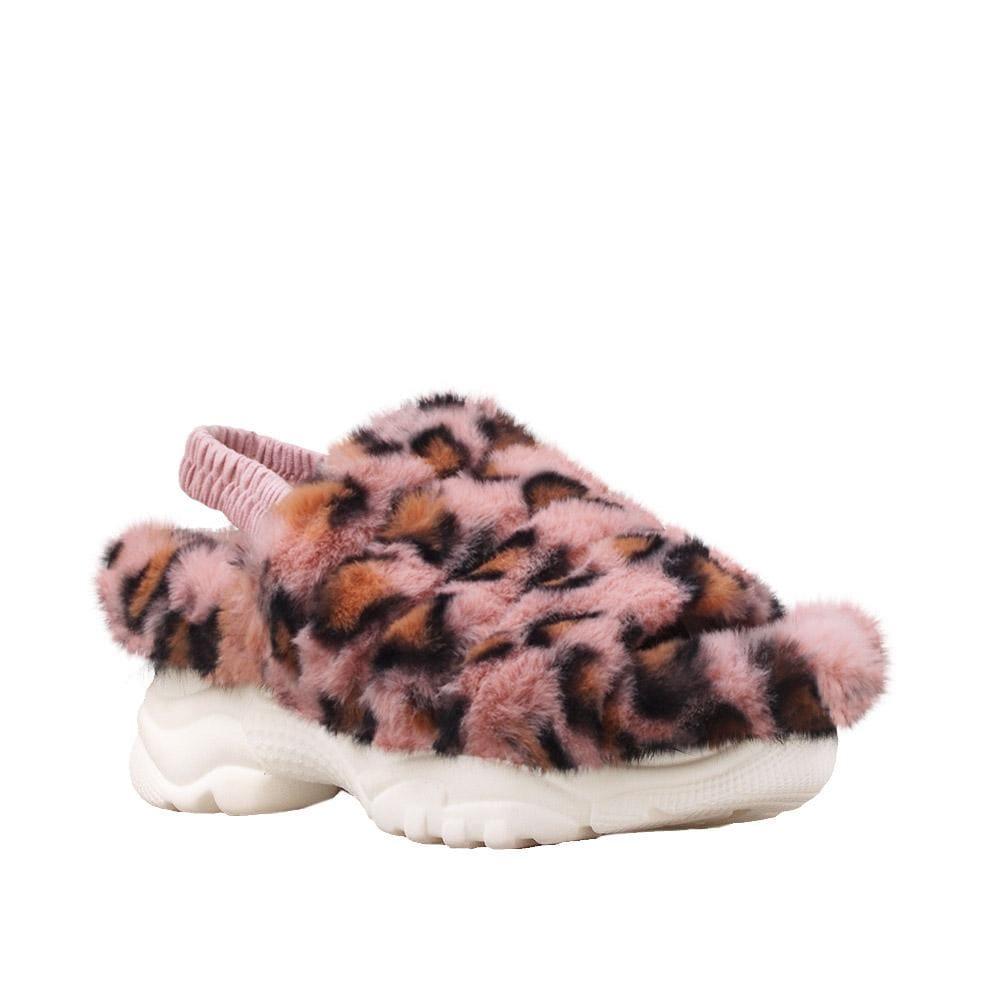 Women platforms with pink leopard shaded fur upper and white bottom-corner view