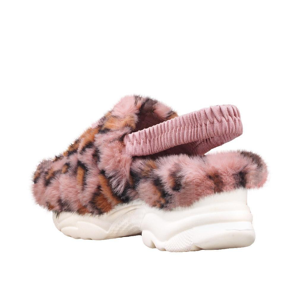 Women platforms with pink leopard shaded fur upper and white bottom-posterior view