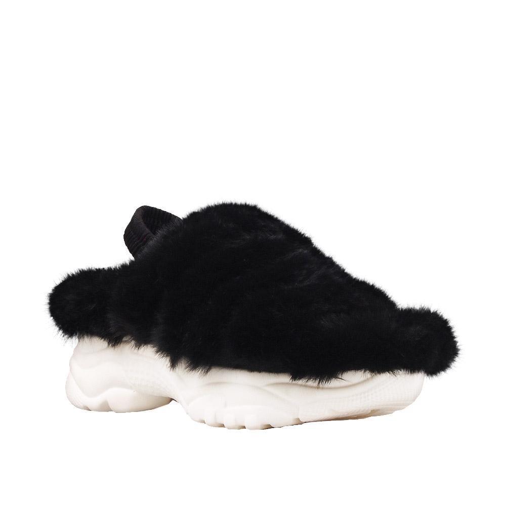 Women platforms with black fur upper and white bottom-corner view