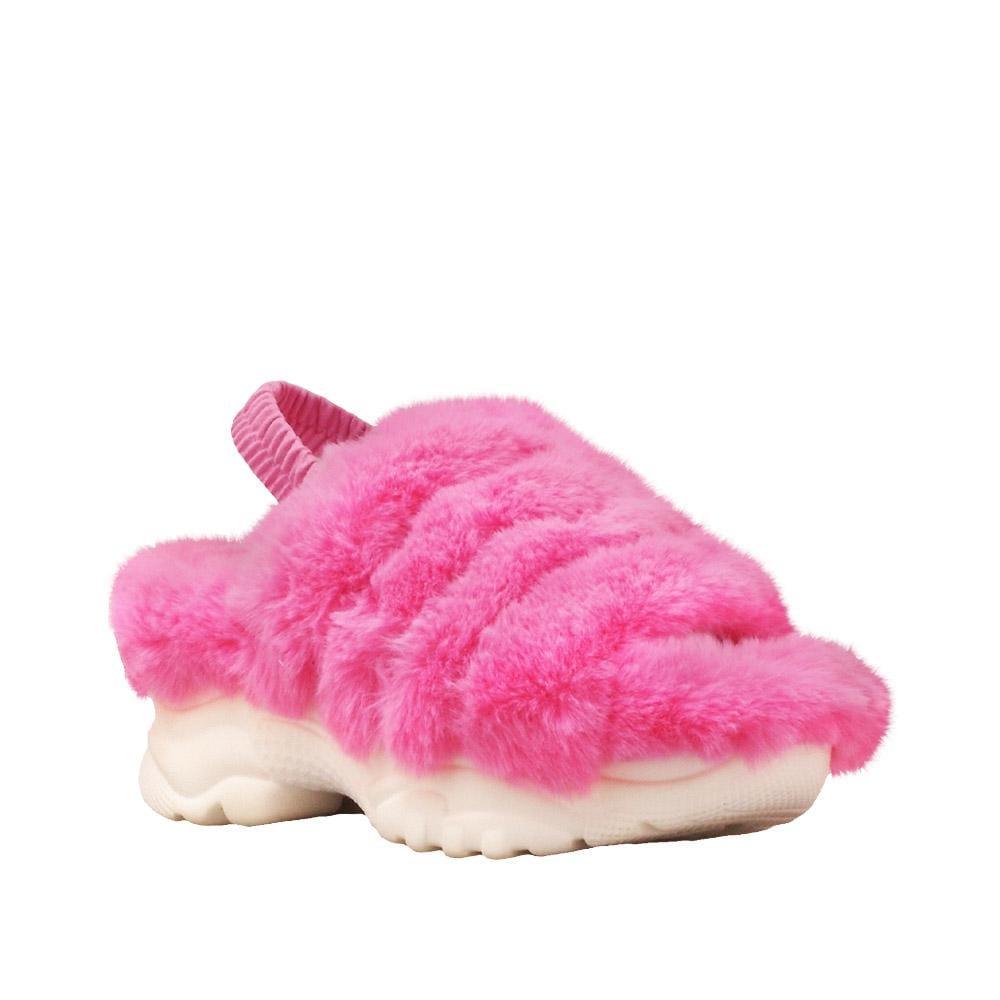 Women platforms with pink fur upper and white bottom-corner view