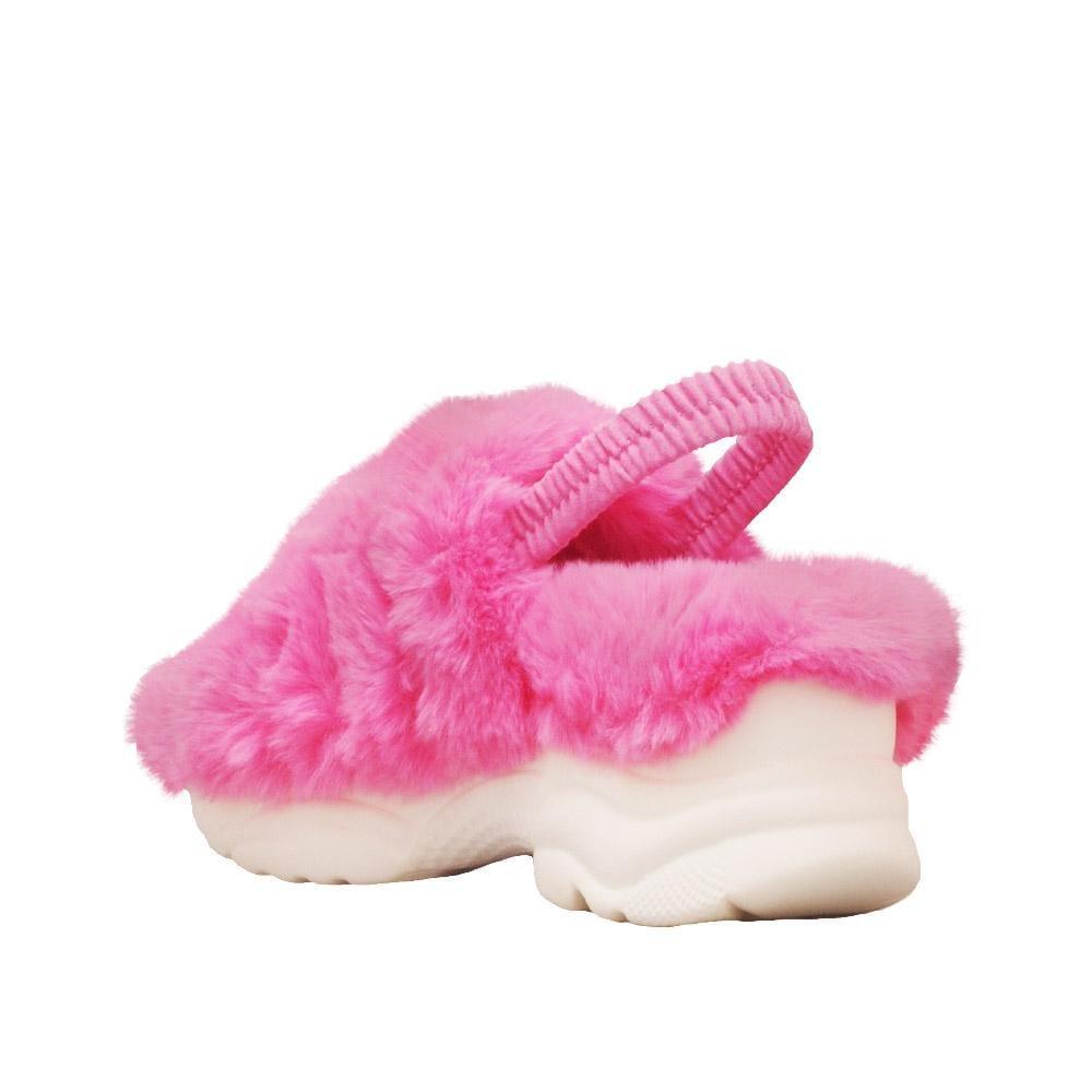 Women platforms with pink fur upper and white bottom-posterior view