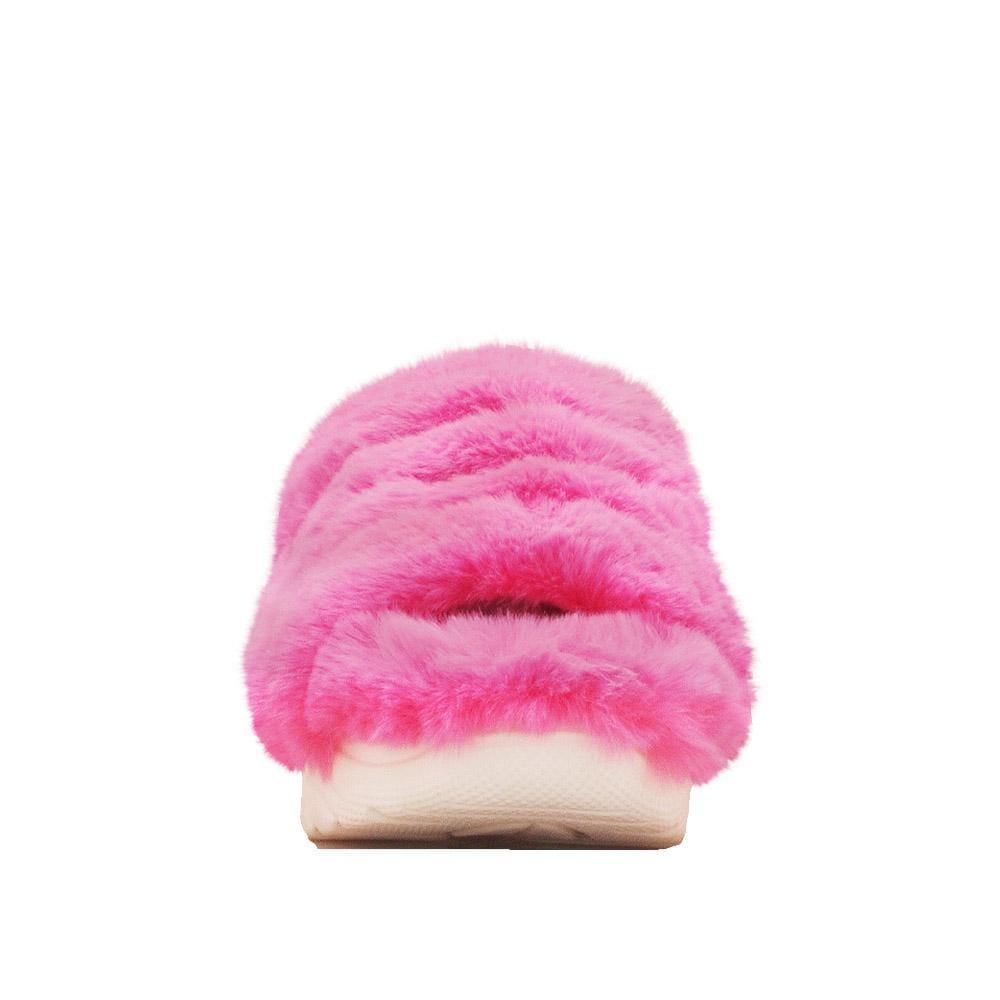 Women platforms with pink fur upper and white bottom-front view