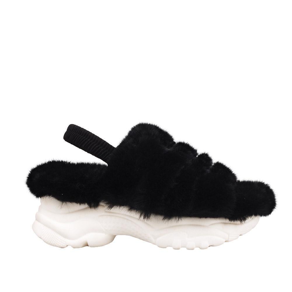 Women platforms with black fur upper and white bottom-side view