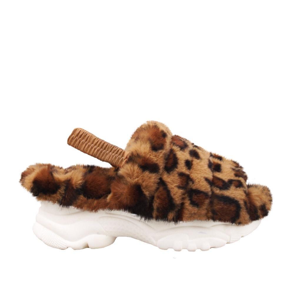 Women platforms with leopard fur upper and white bottom-side view