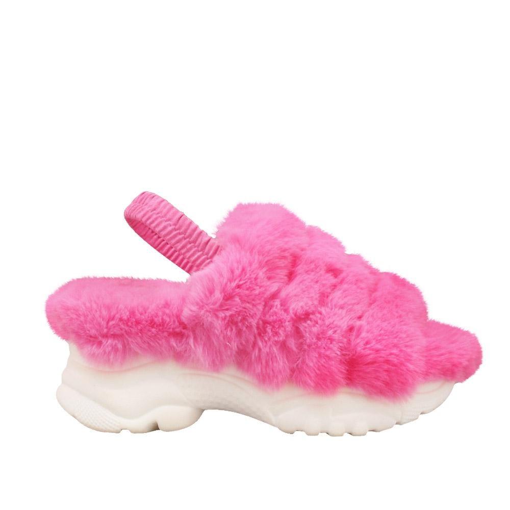 Women platforms with pink fur upper and white bottom-side view