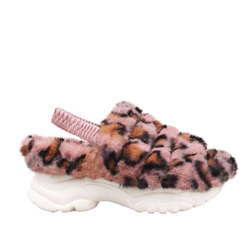 Women platforms with pink leopard shaded fur upper and white bottom-side view
