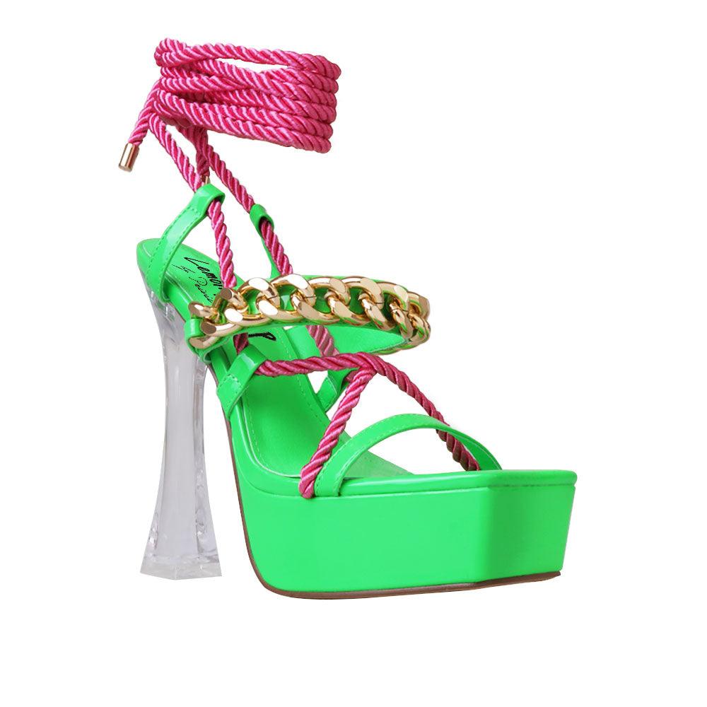 Vegan suede women heels with lace tie up closure in neon green/pink-corner view