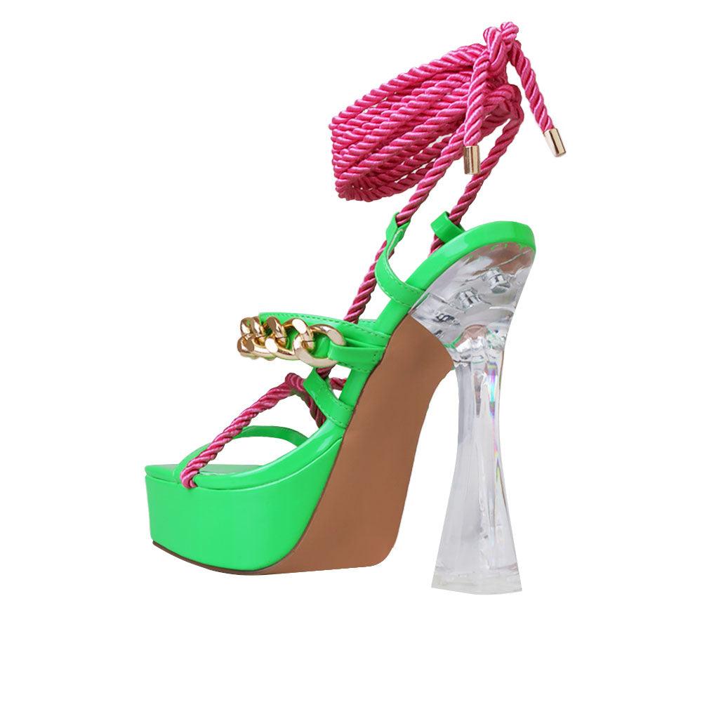 Vegan suede women heels with lace tie up closure in neon green/pink-posterior view