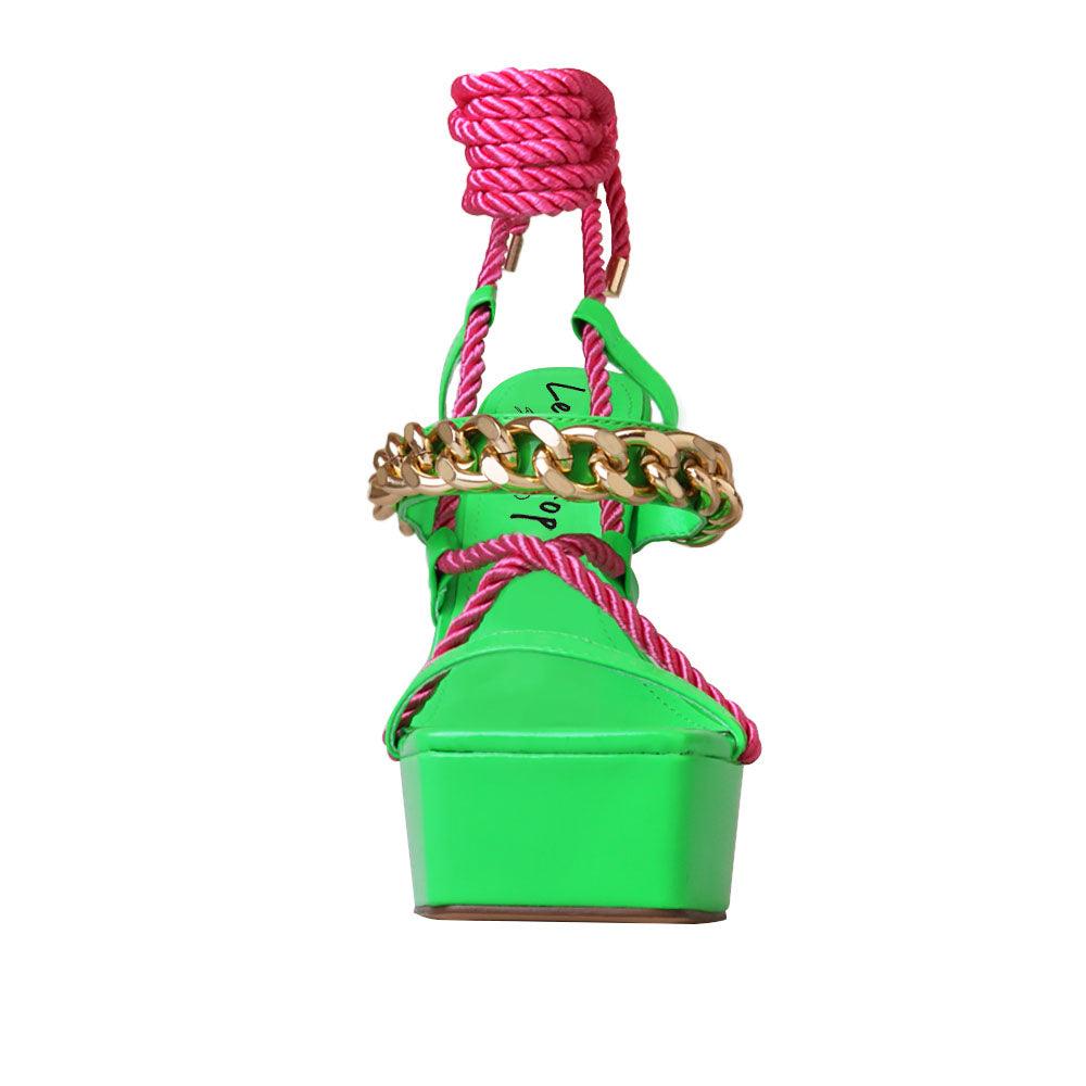 Vegan suede women heels with lace tie up closure in neon green/pink-front view