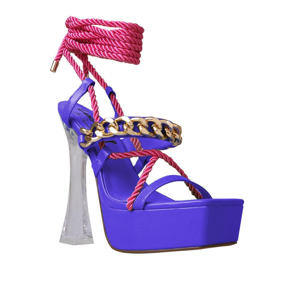 Vegan suede women heels with lace tie up closure in cobalt-corner view