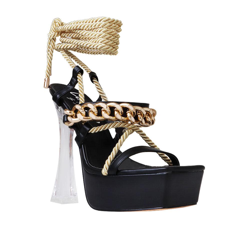 Vegan suede women heels with lace tie up closure in black-corner view