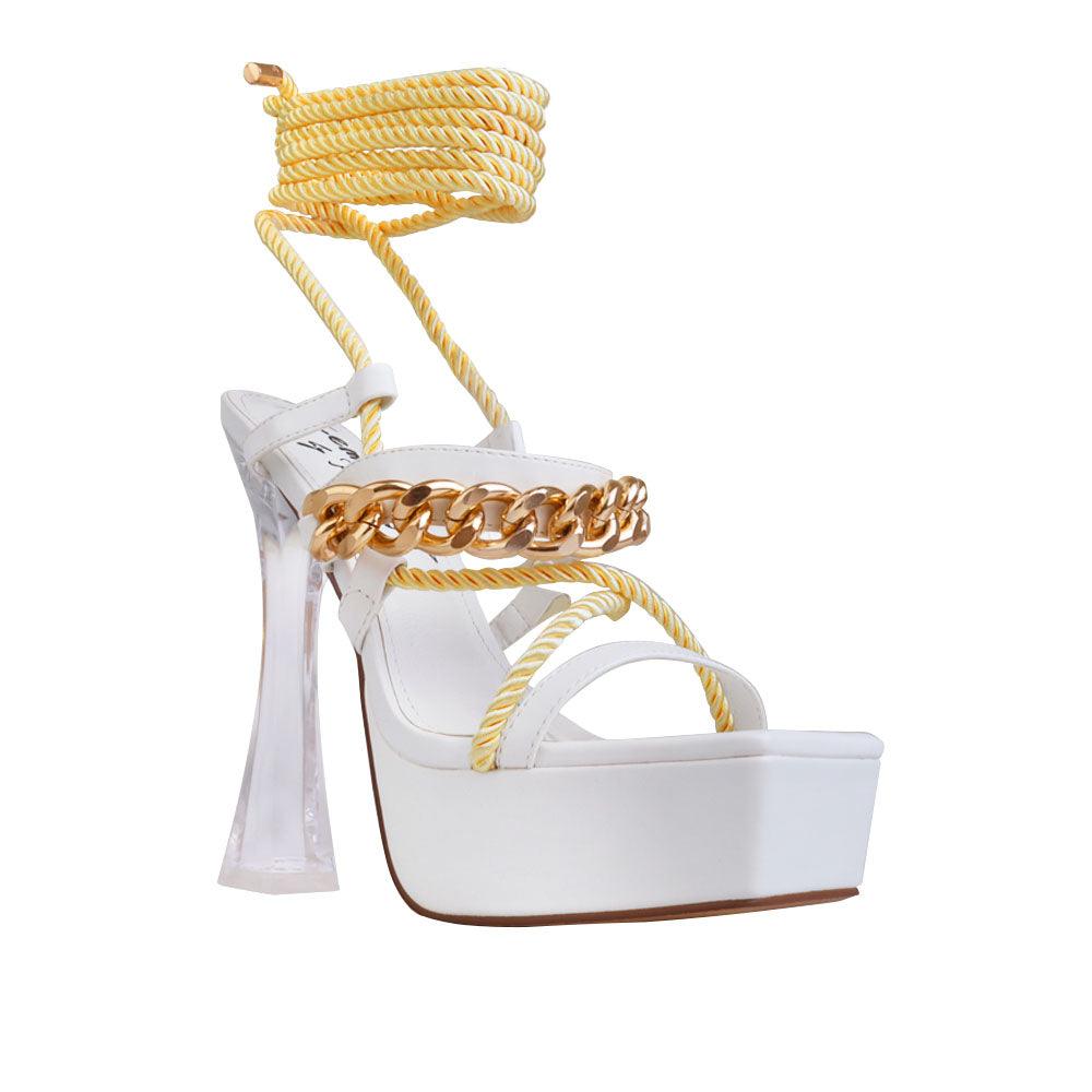 Vegan suede women heels with lace tie up closure in white-corner view