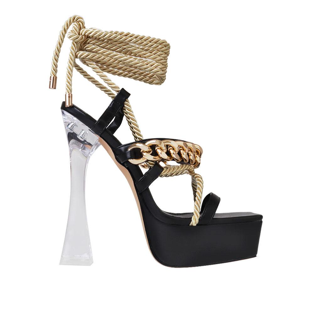 Vegan suede women heels with lace tie up closure in black-side view