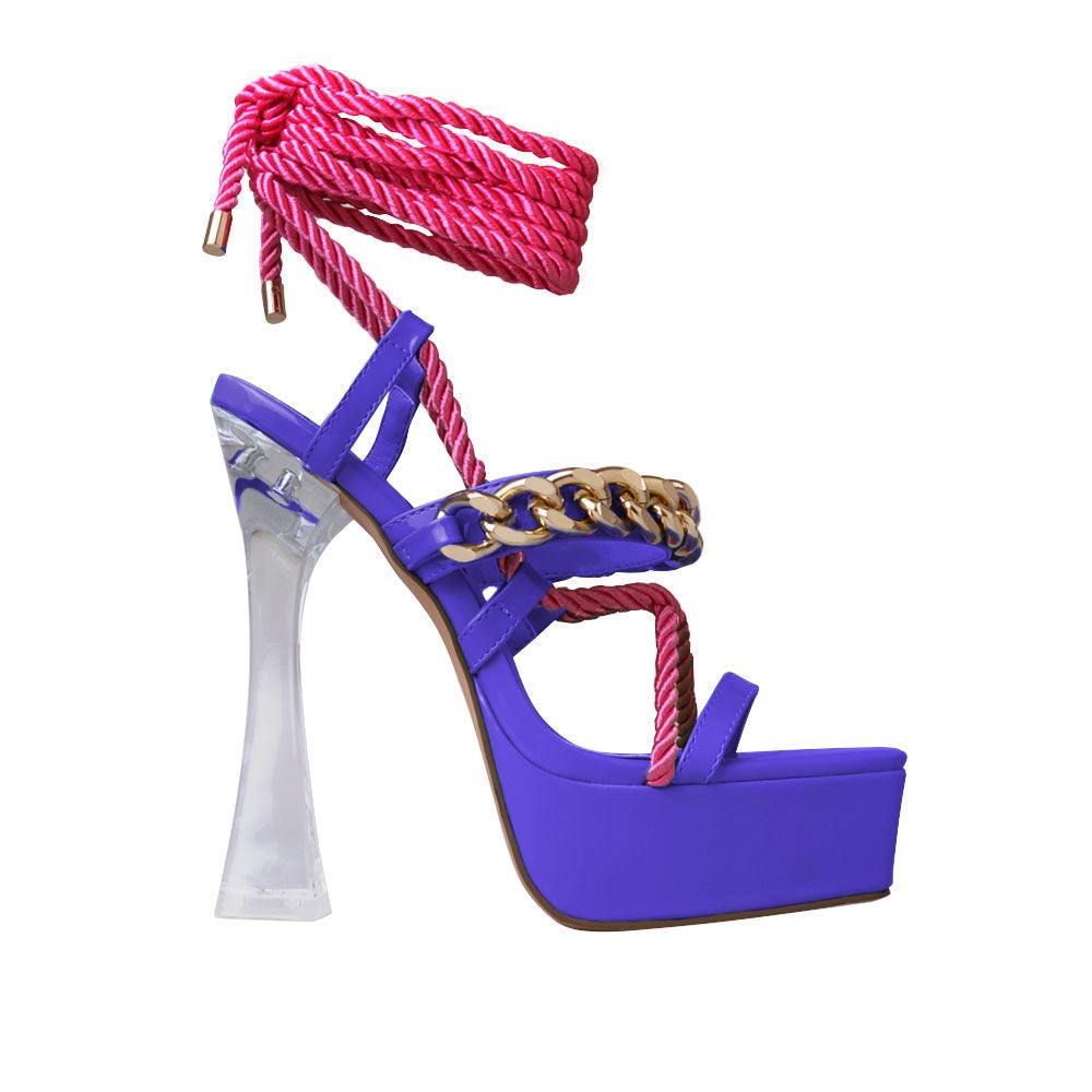 Vegan suede women heels with lace tie up closure in cobalt-side view