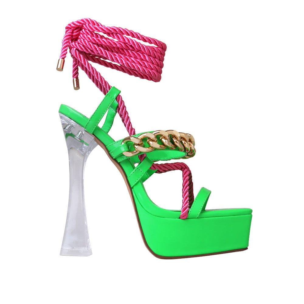 Vegan suede women heels with lace tie up closure in neon green/pink-side view