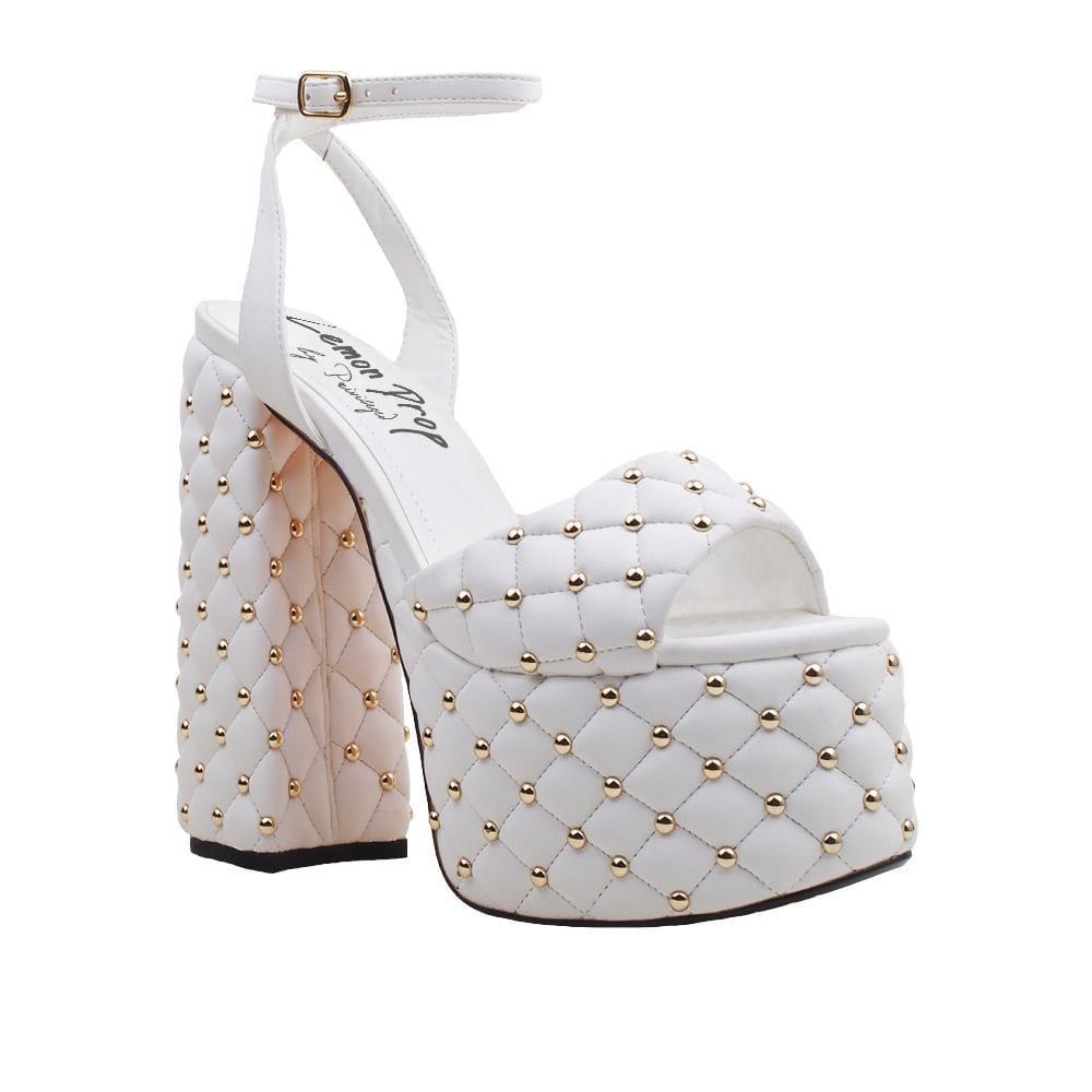 Vegan leather women's block heel with studs in white-corner view