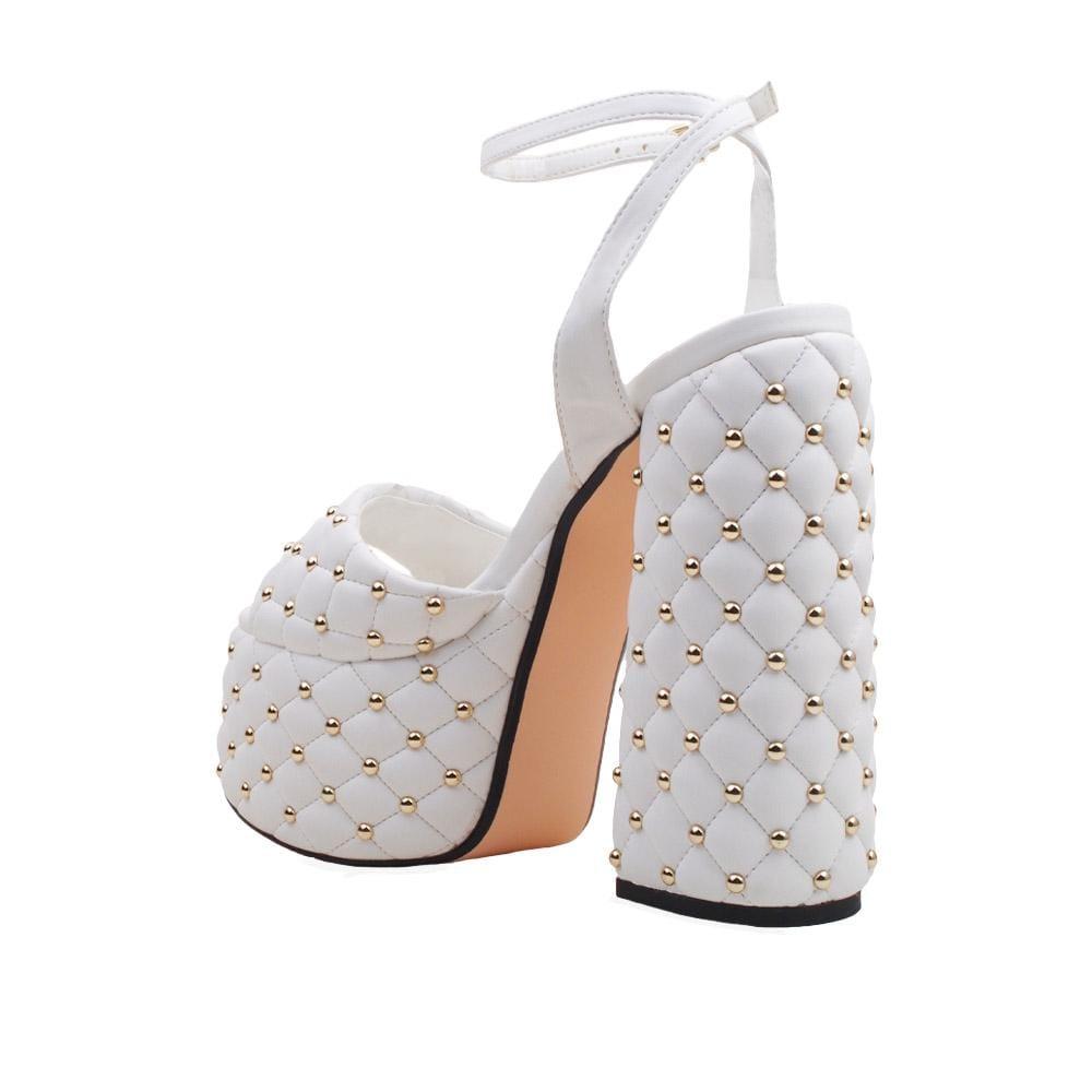 Vegan leather women's block heel with studs in white-posterior view