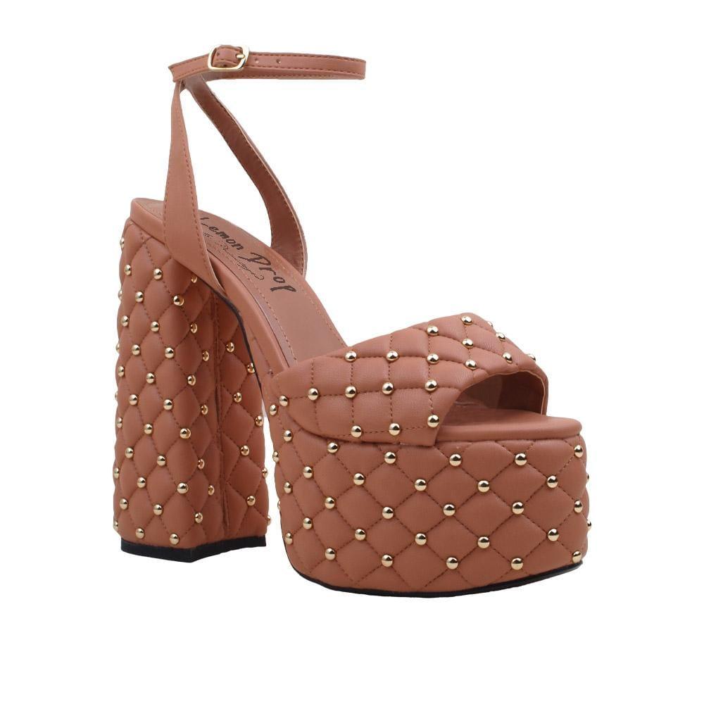 Vegan leather women's block heel with studs in nude-corner view