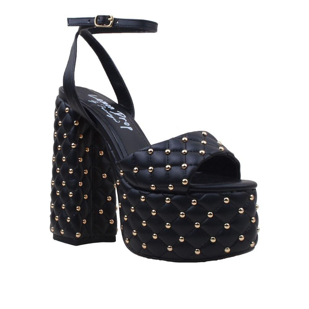 Vegan leather women's block heel with studs in black-corner view