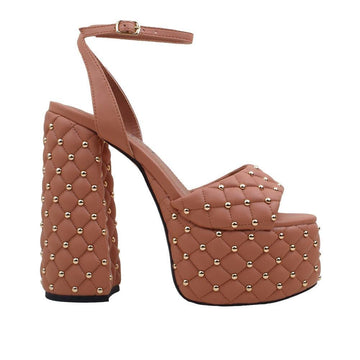 Vegan leather women's block heel with studs in nude-side view