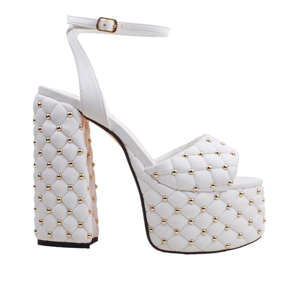 Vegan leather women's block heel with studs in white-side view