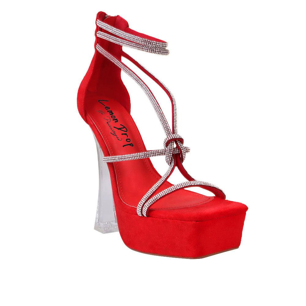 Vegan suede women platform heels in red-corner view