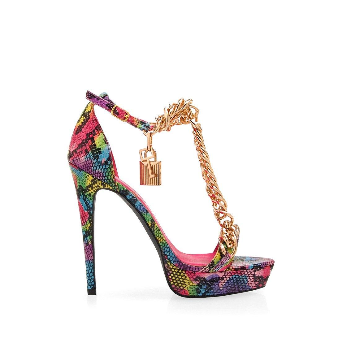 Leatherette women heels with chain and lock design in multi colour