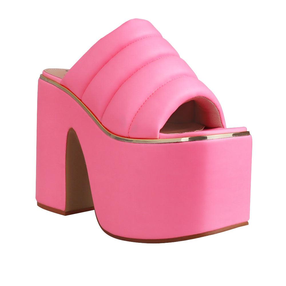 Vegan leather women chunky platform heels in pink-corner view