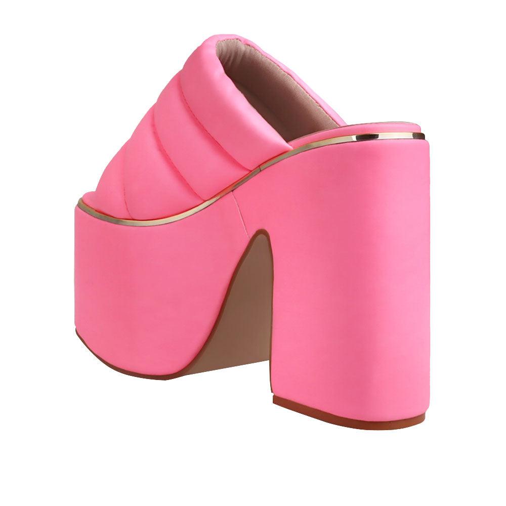 Vegan leather women chunky platform heels in pink-posterior view