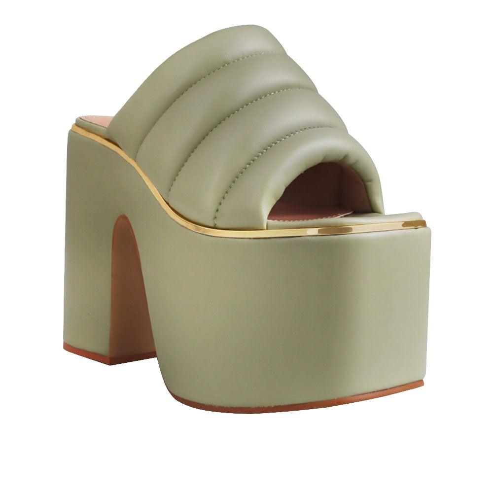 Vegan leather women chunky platform heels in sage-corner view