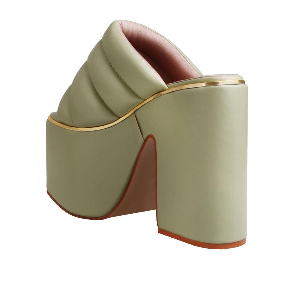 Vegan leather women chunky platform heels in sage-posterior view