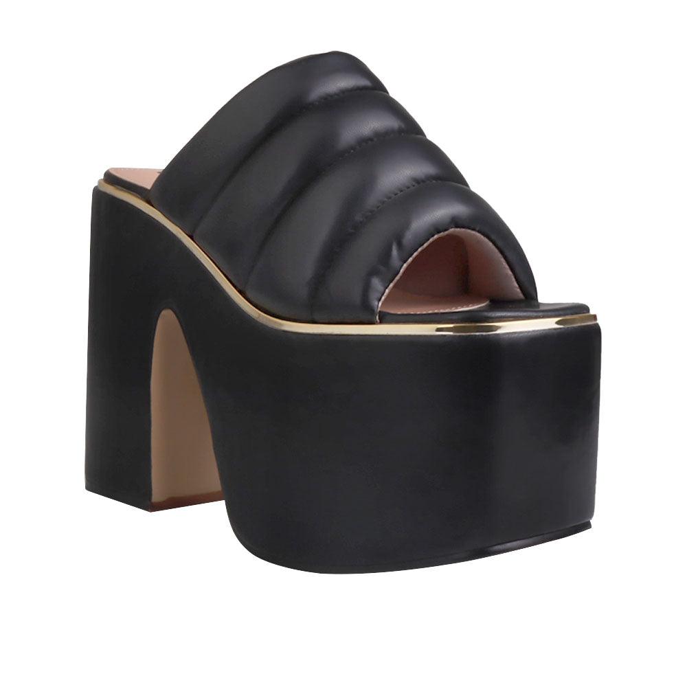 Vegan leather women chunky platform heels in black-corner view