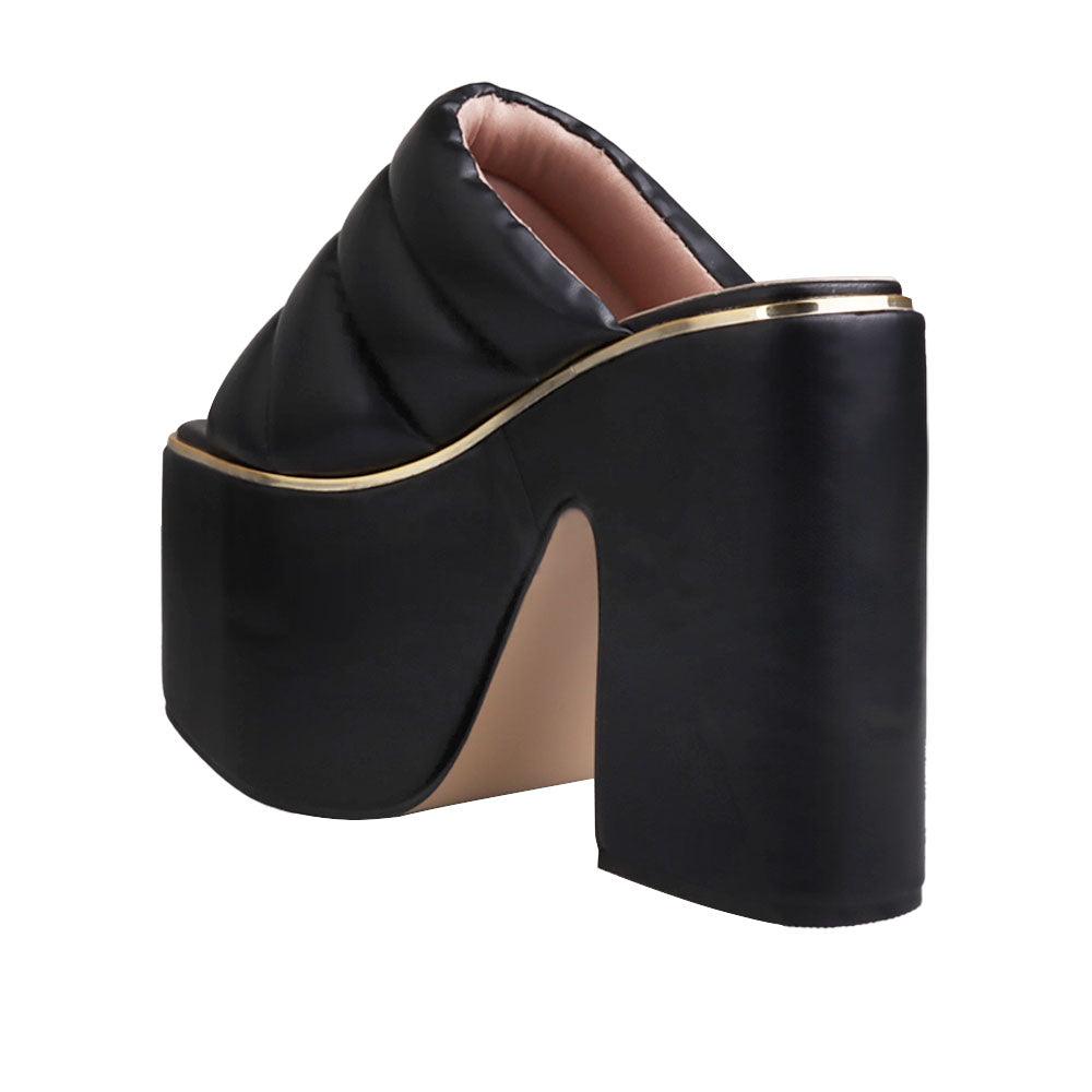 Vegan leather women chunky platform heels in black-posterior view