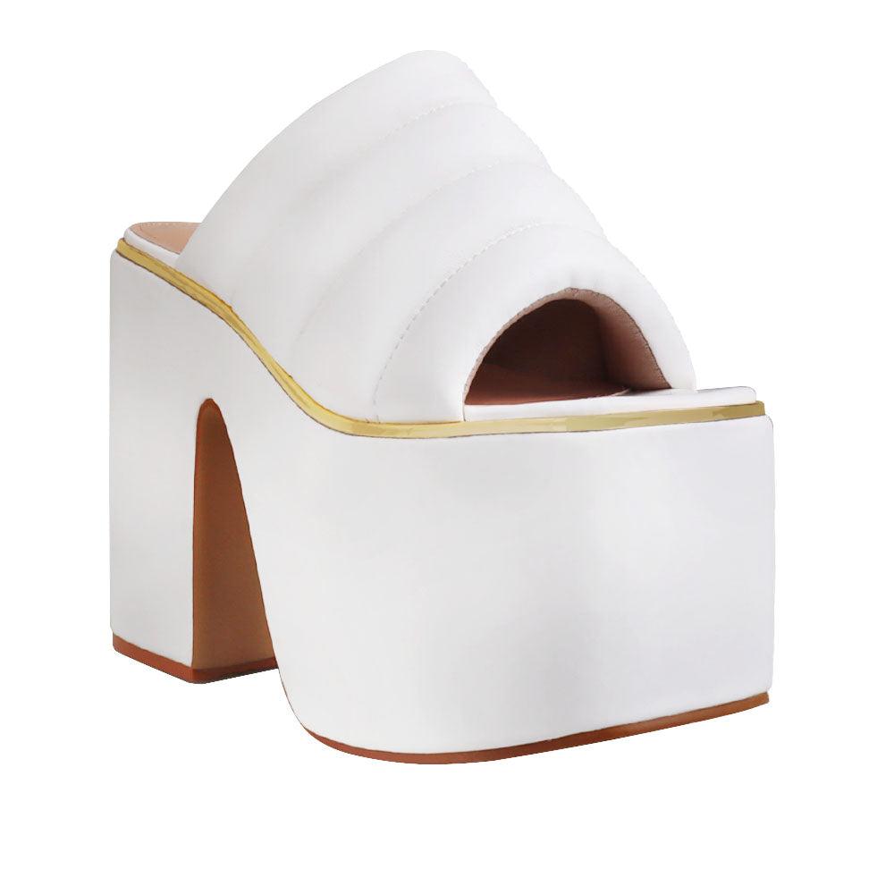 Vegan leather women chunky platform heels in white-corner view