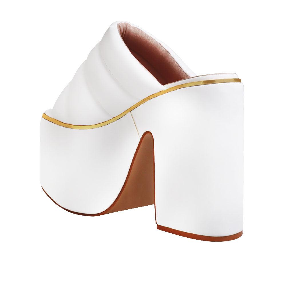 Vegan leather women chunky platform heels in white-posterior view