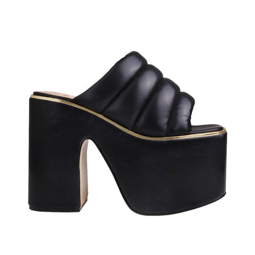 Vegan leather women chunky platform heels in black-side view