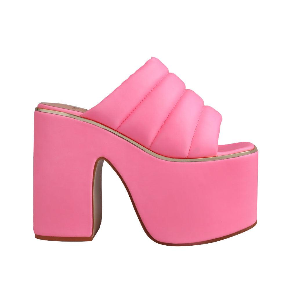 Vegan leather women chunky platform heels in pink-side view