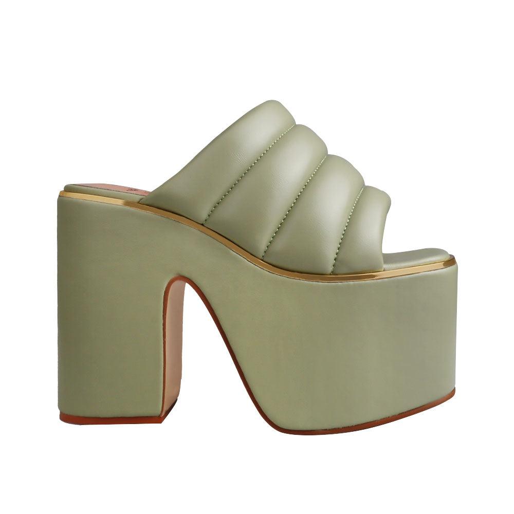 Vegan leather women chunky platform heels in sage-side view