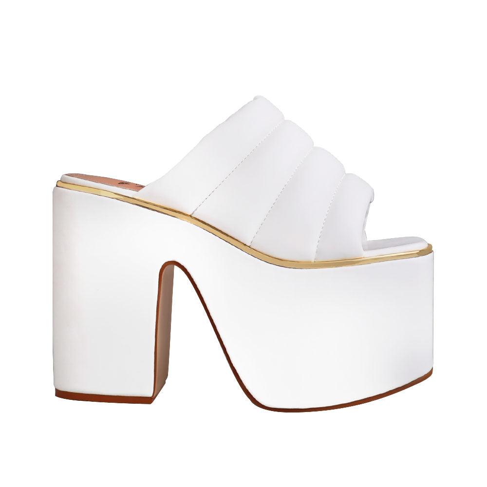 Vegan leather women chunky platform heels in white-side view