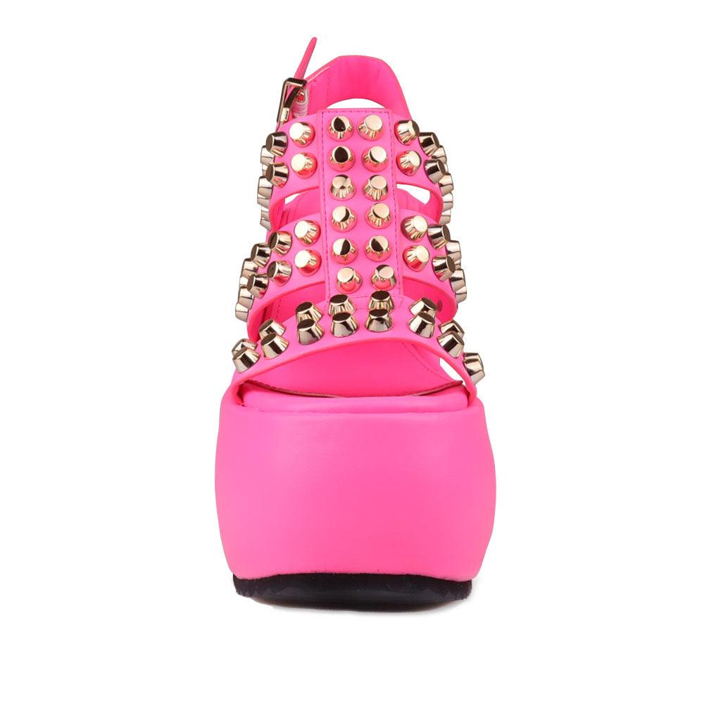 Vegan leather women wedge shoes with studs in fuchsia-front view