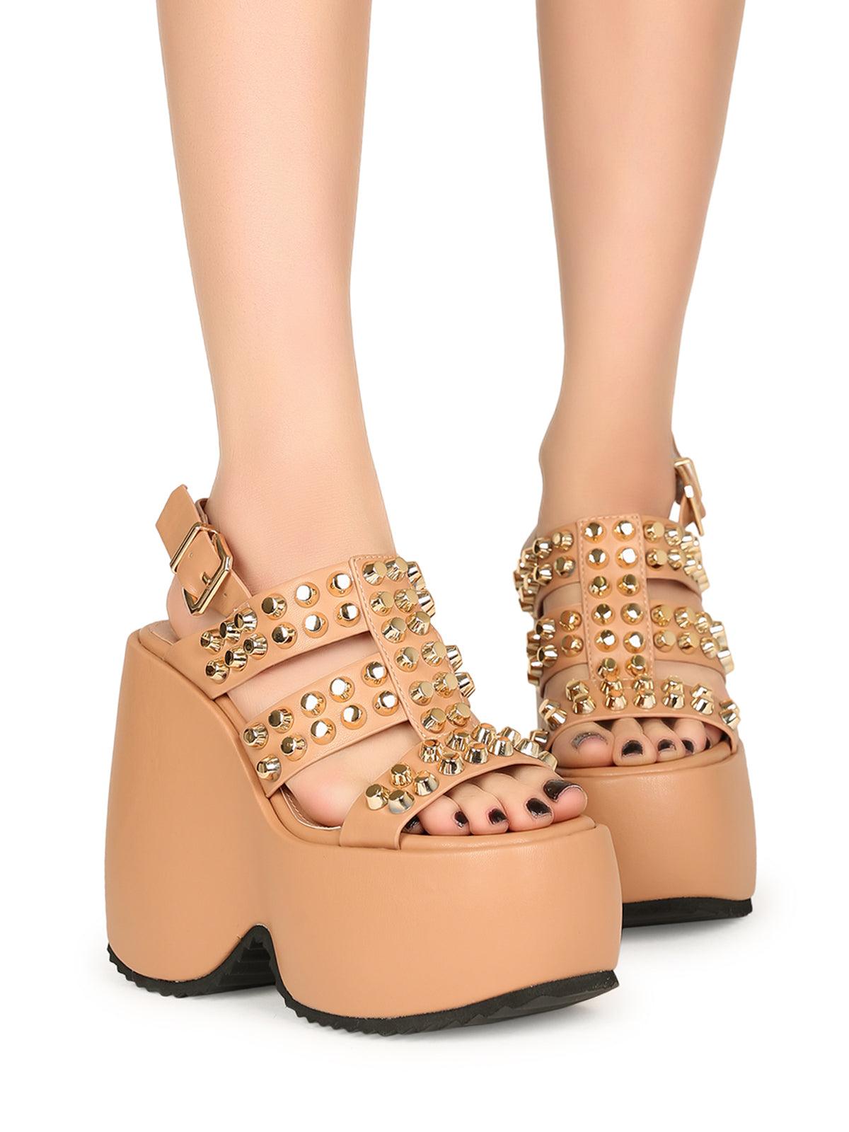 Vegan leather women wedge shoes with studs in nude