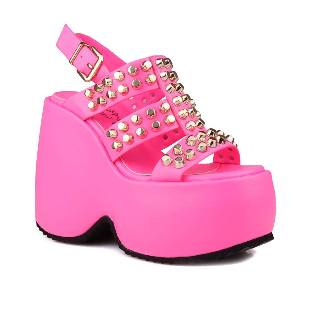 Vegan leather women wedge shoes with studs in fuchsia-corner view