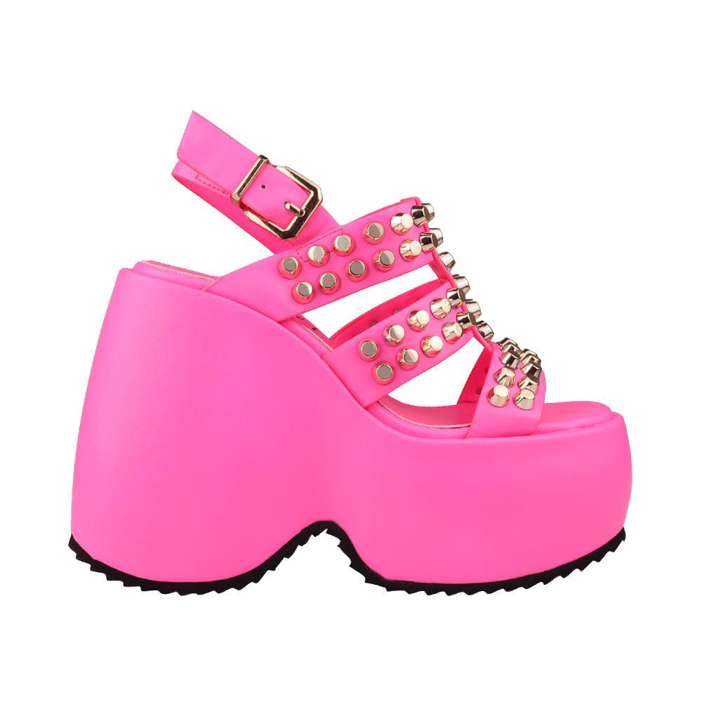 Vegan leather women wedge shoes with studs in fuchsia-side view