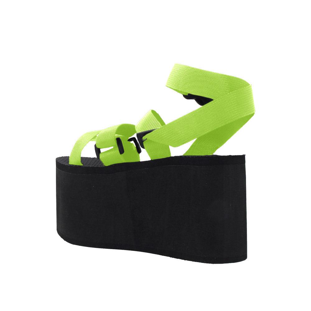 Strap upper rubber sole women shoes in neon yellow-posterior view